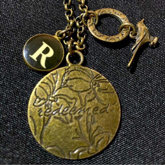 PENDANT NECKLACE “Redeemed” Floral Medallion, 3D Bird, R Charm Bronze Religious - Picture 3 of 12